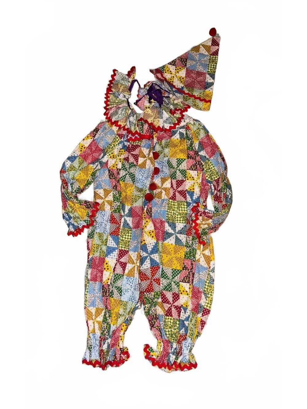 Vintage 1970s Patchwork Clown Costume with Hat & Ruffled Collar Kids